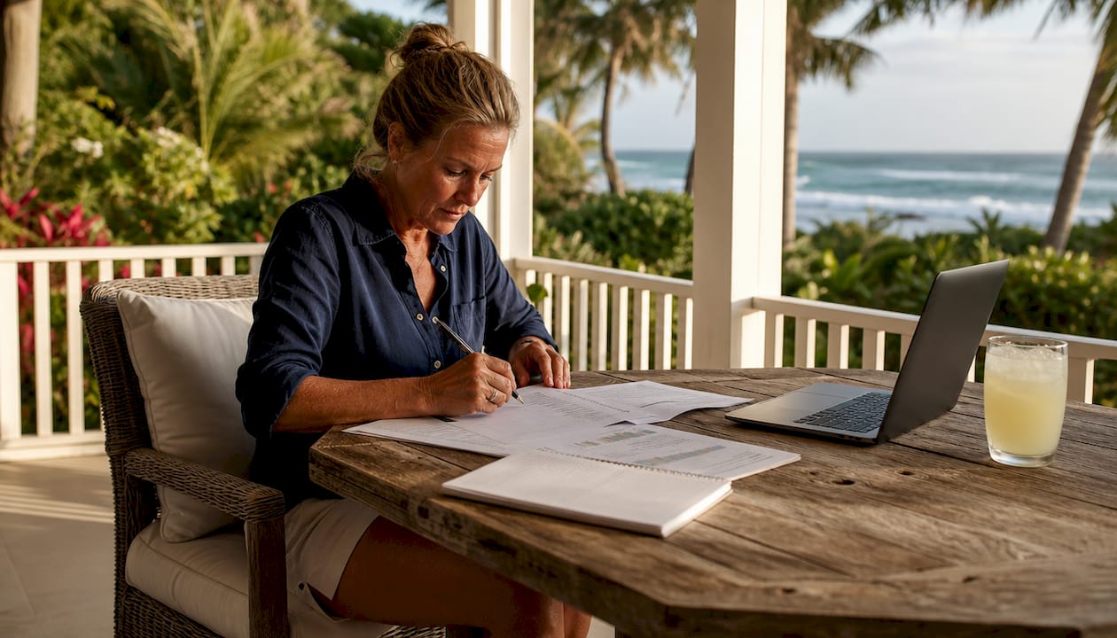 Property manager reviewing rental income on beachfront deck