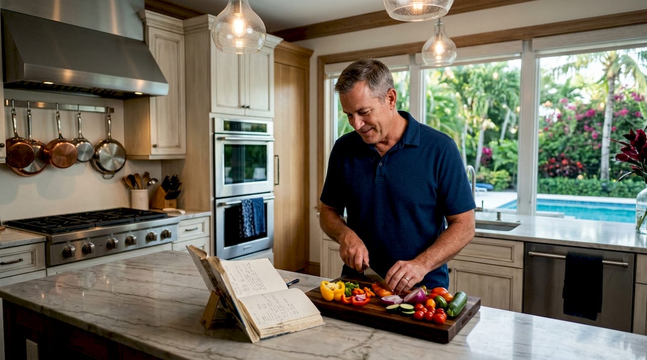 Man cooking in luxury vacation home kitchen