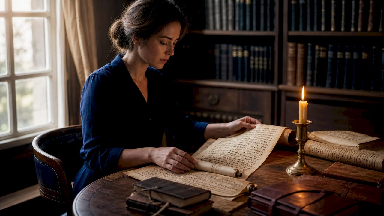 Hands examining ancient scrolls on desk