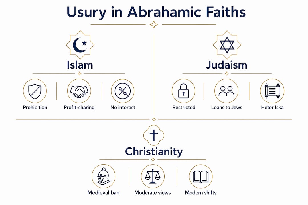 Infographic comparing Abrahamic religions on usury