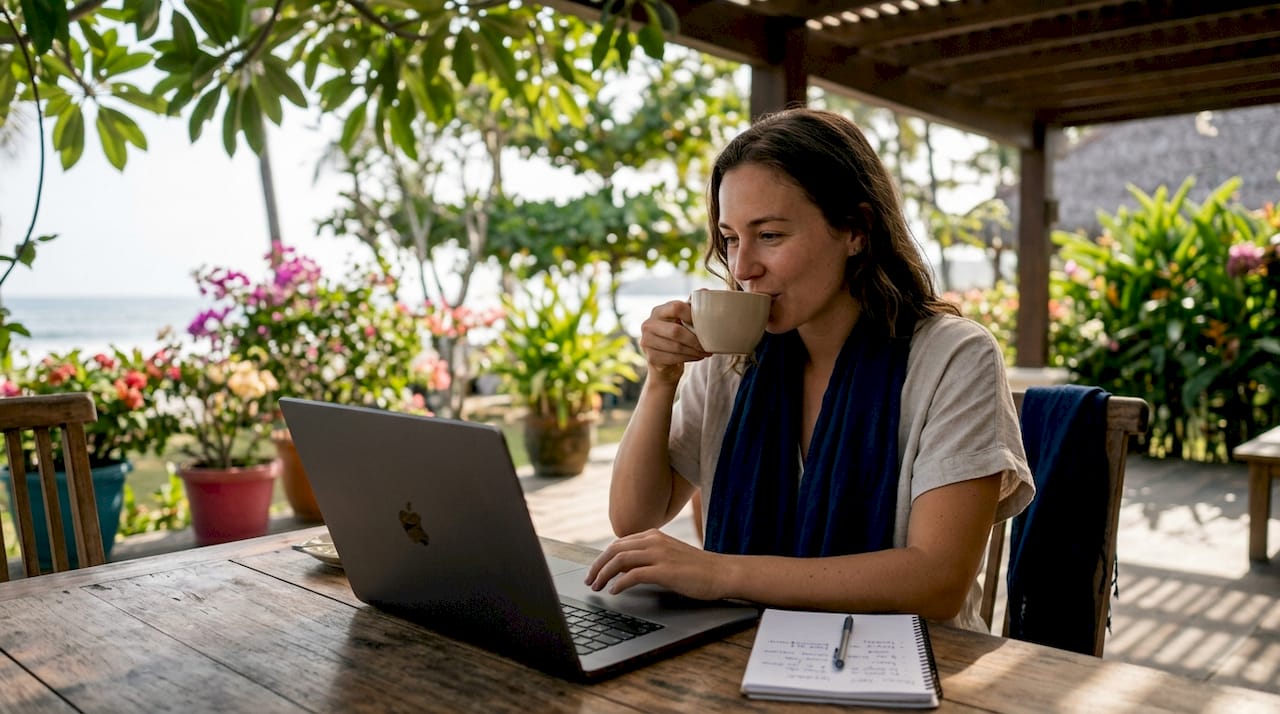 Woman browsing vacation rentals on laptop in home office