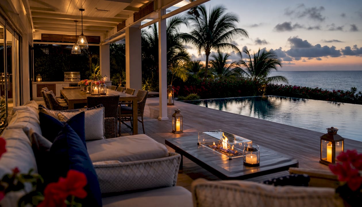 Luxurious exterior of a resort-style private home with pool