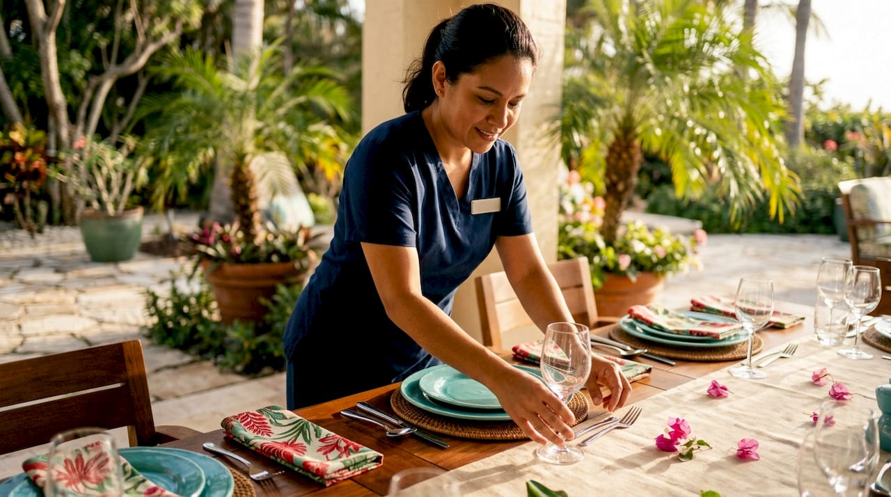 Hospitality staff setting dining table inside luxury home