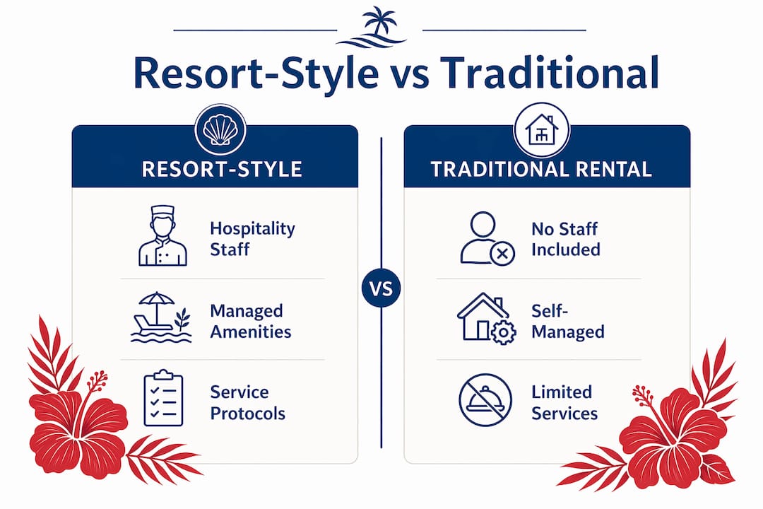 Comparison infographic of resort-style and traditional luxury rentals
