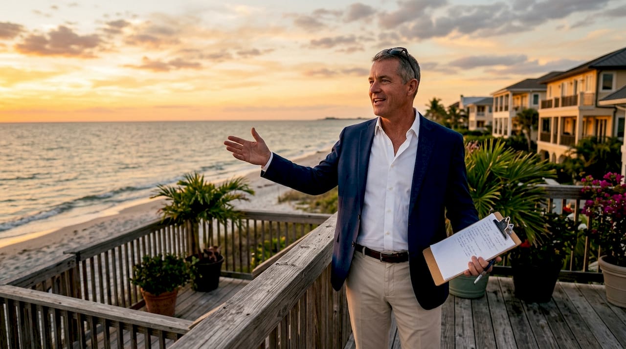 Real estate agent discussing beachfront homes on shore