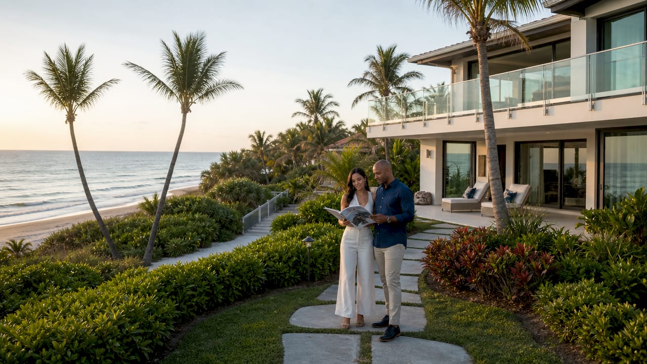 Couple reviewing luxury beachfront home exterior
