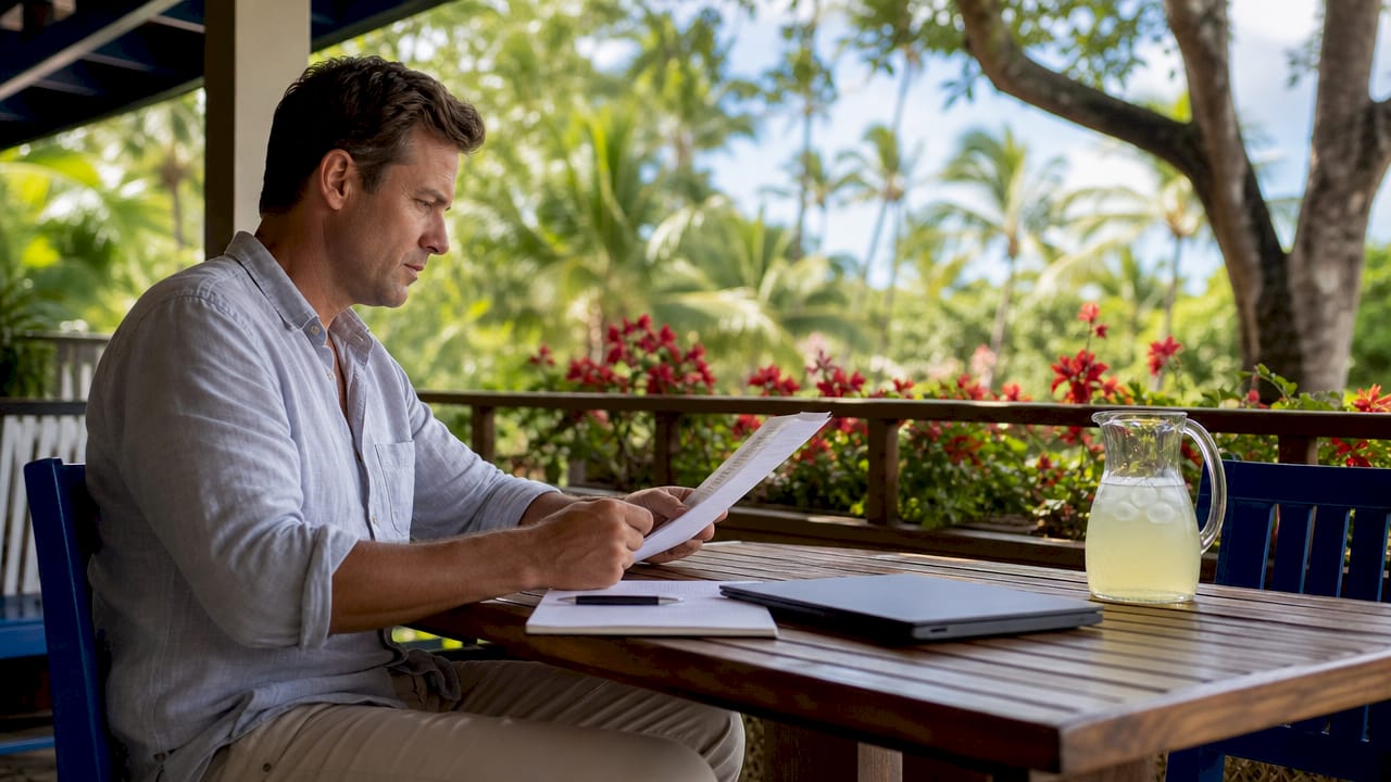 Man reviewing luxury rental deposit documents indoors