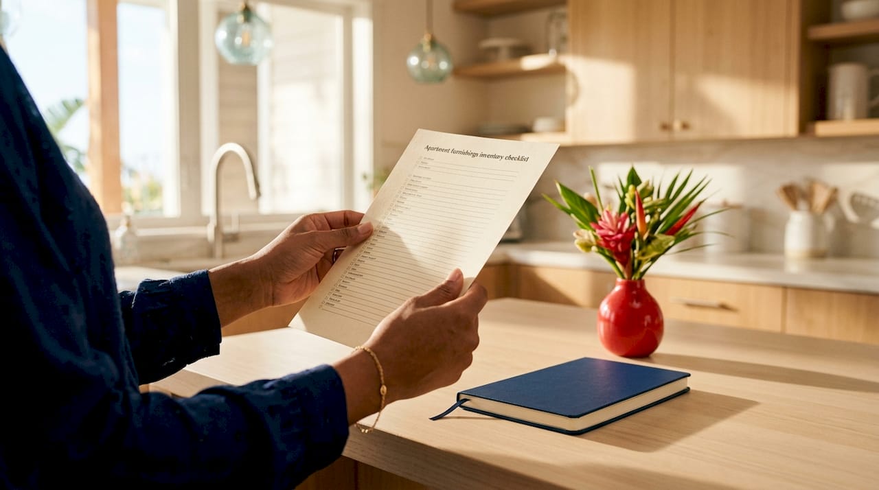 Hands holding luxury rental deposit inventory checklist