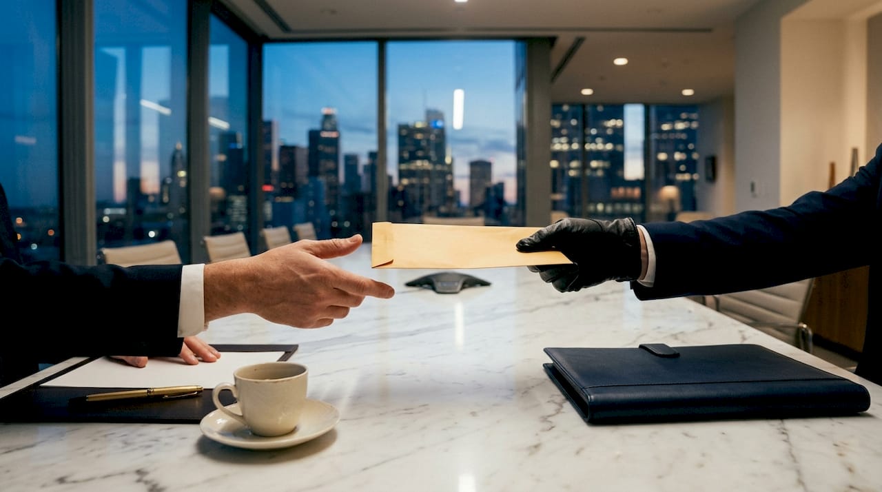 Hands exchanging envelope in executive office