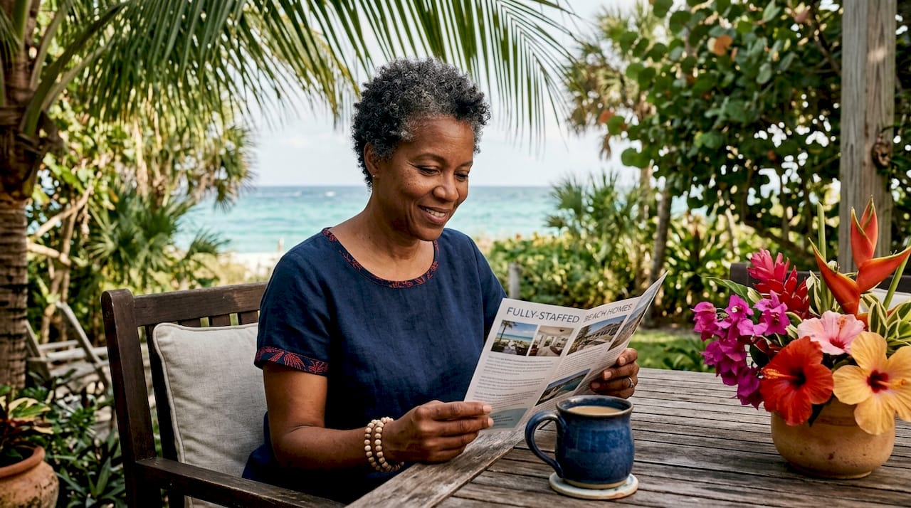 Woman reading brochure at beach villa balcony