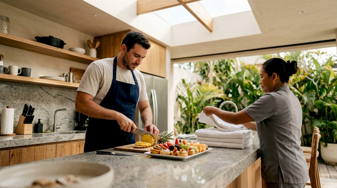 Chef and housekeeper preparing in beach home kitchen