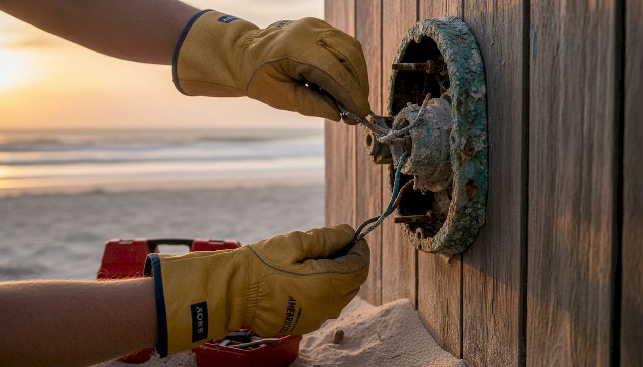 Hands tightening rusted roofing fastener