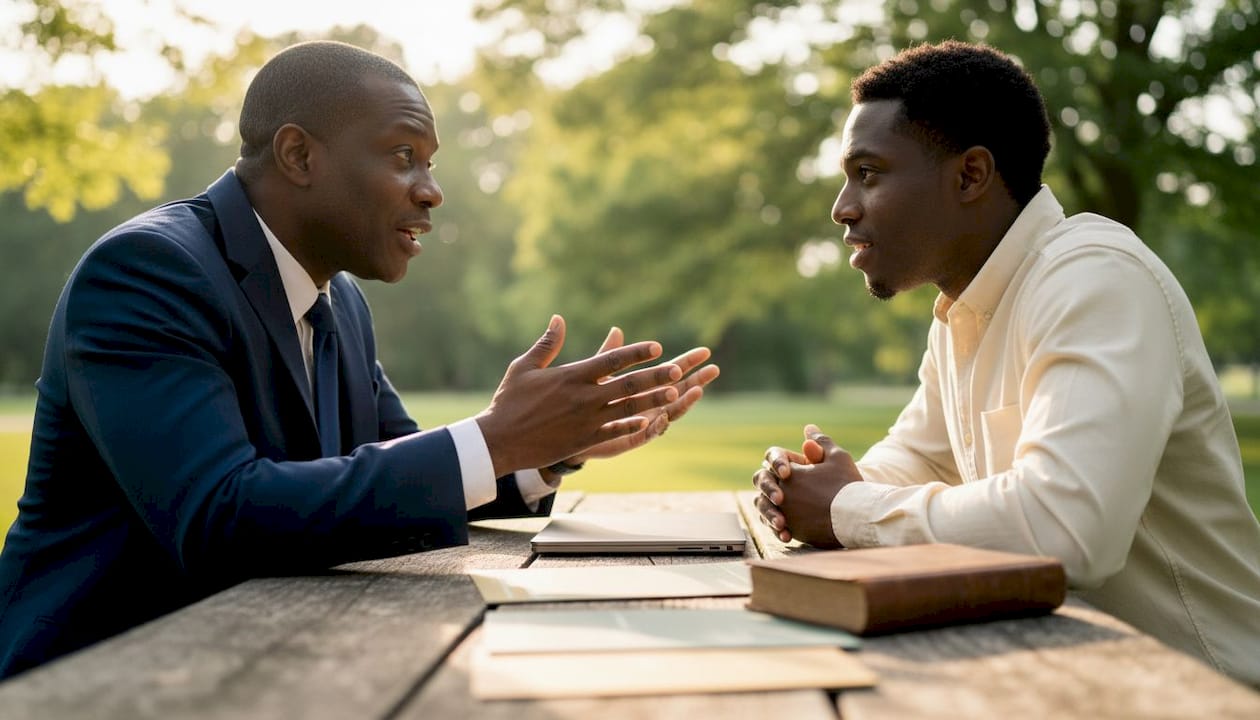 Two men discussing faith-aligned retirement planning