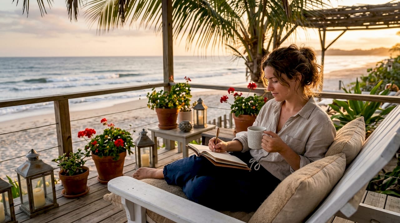 Woman relaxing on beach rental balcony in soft season