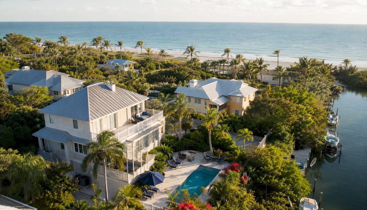 Aerial view of Sanibel Island vacation homes and beach