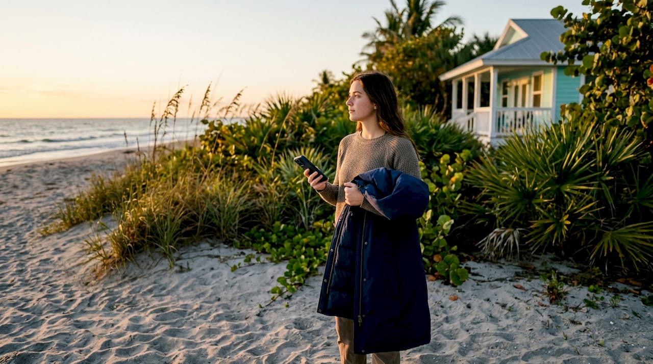 Young woman overlooking winter beach from rental deck