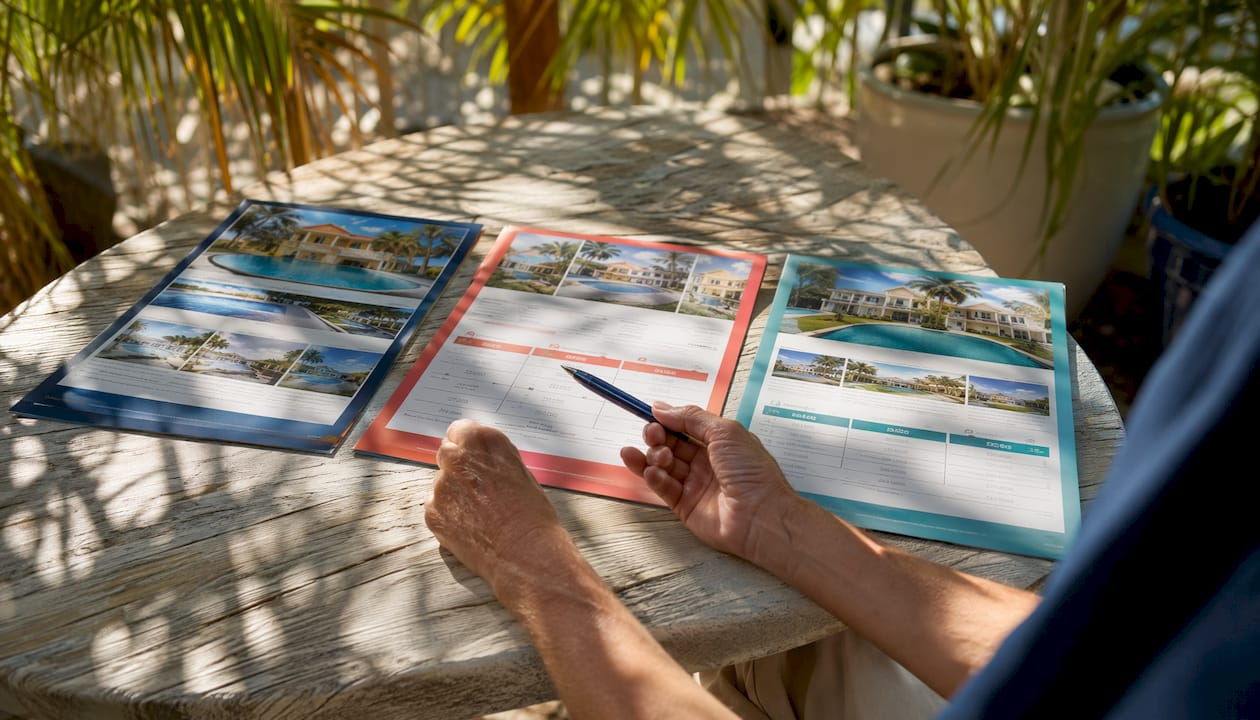 Hands comparing beach rental company brochures