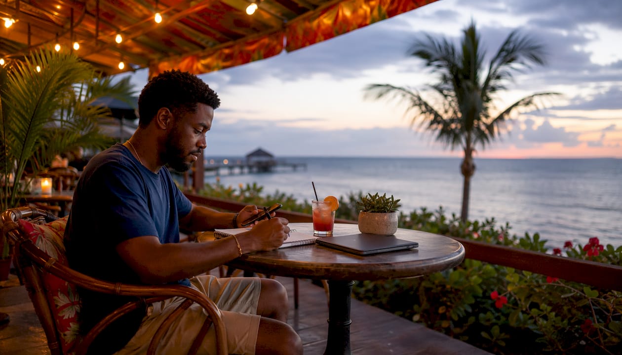 Man comparing vacation platforms in coworking space