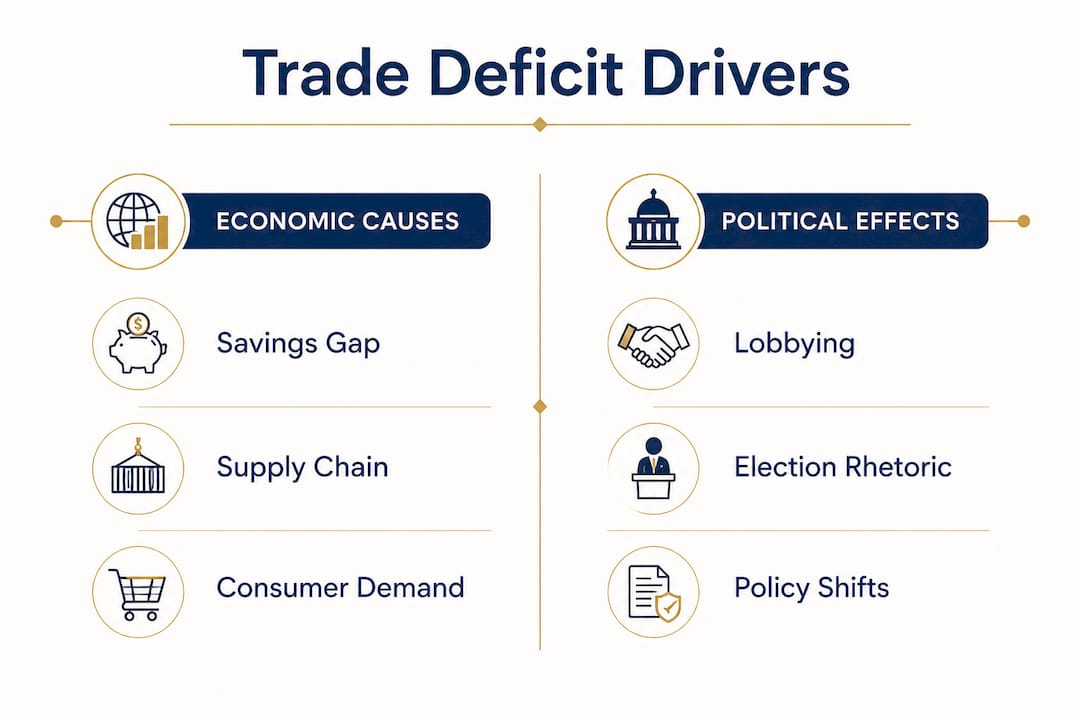 Infographic comparing trade deficit causes and political effects