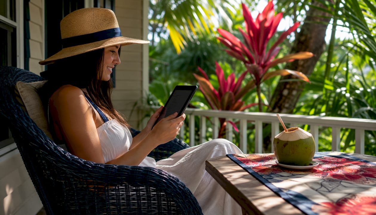 Traveler reviewing vacation rental platforms at home