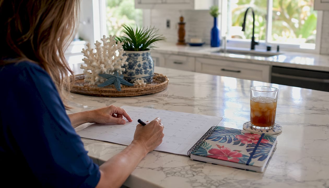 Hands marking calendar for vacation planning