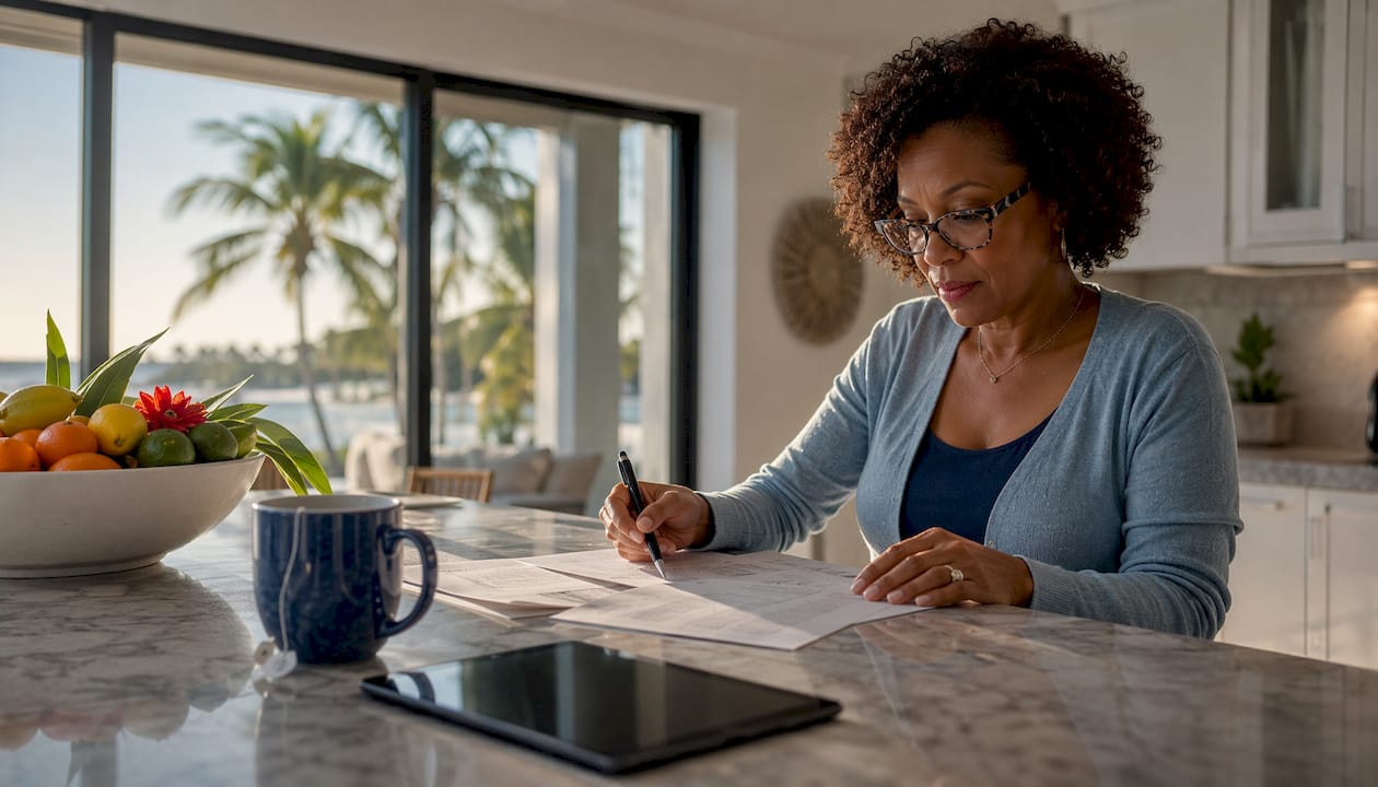 Woman reviewing financing paperwork at home