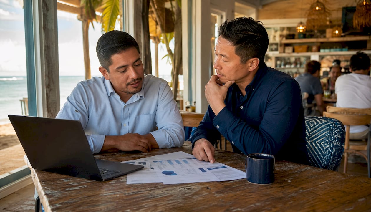 Two men discussing vacation home loans