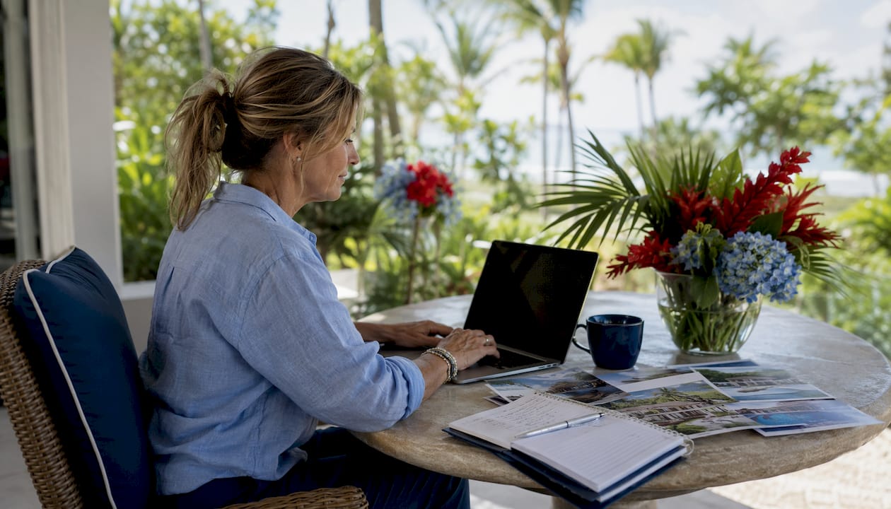 Woman creating rental listing on laptop