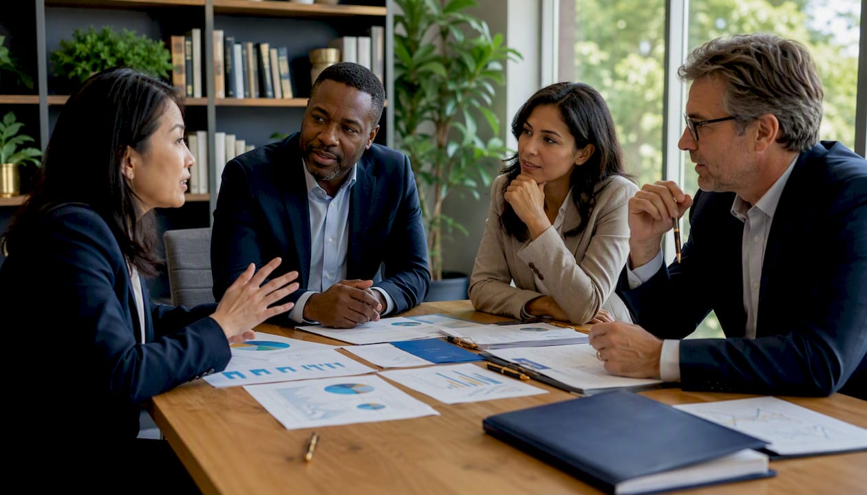 Policymakers in conference room discussing strategy