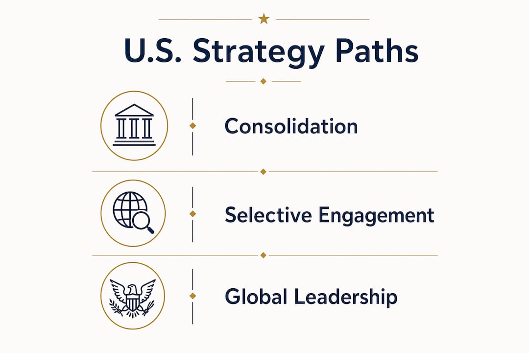 Infographic depicting three scenarios for U.S. geopolitical strategy