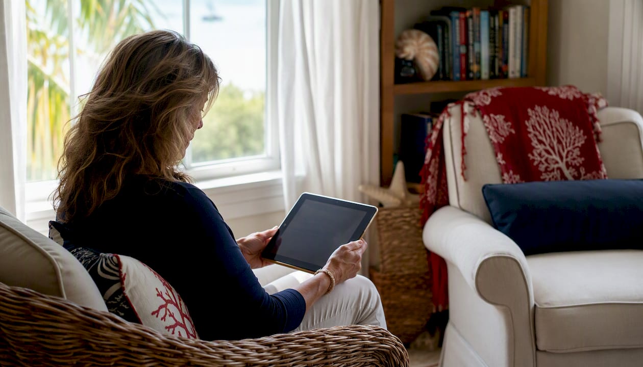 Woman browsing rental listings in coastal home