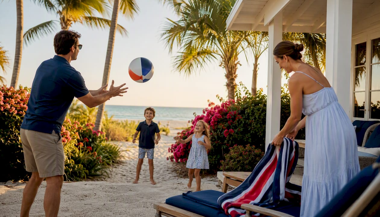 Family preparing for beach day at rental home