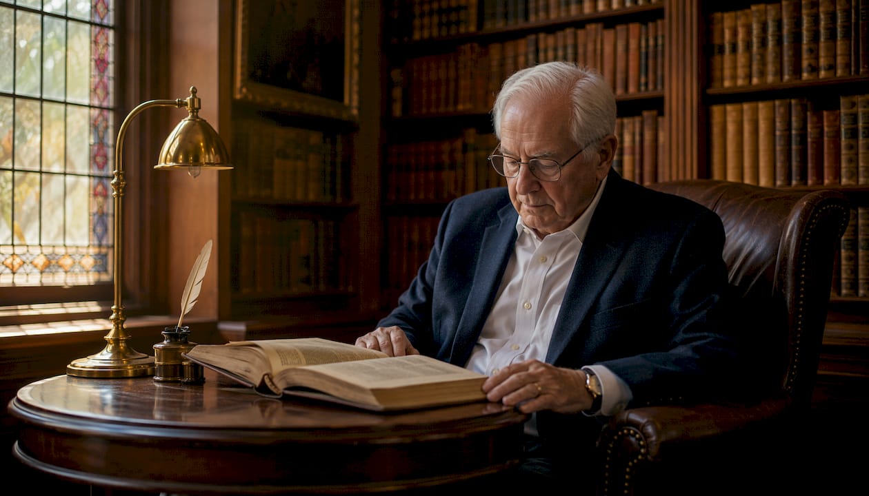 Elderly scholar reading theological history book
