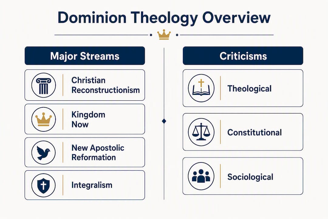 Infographic comparing dominion theology streams and criticisms