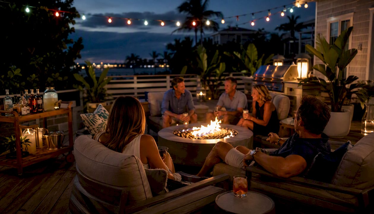 Group enjoying outdoor island rental deck at night