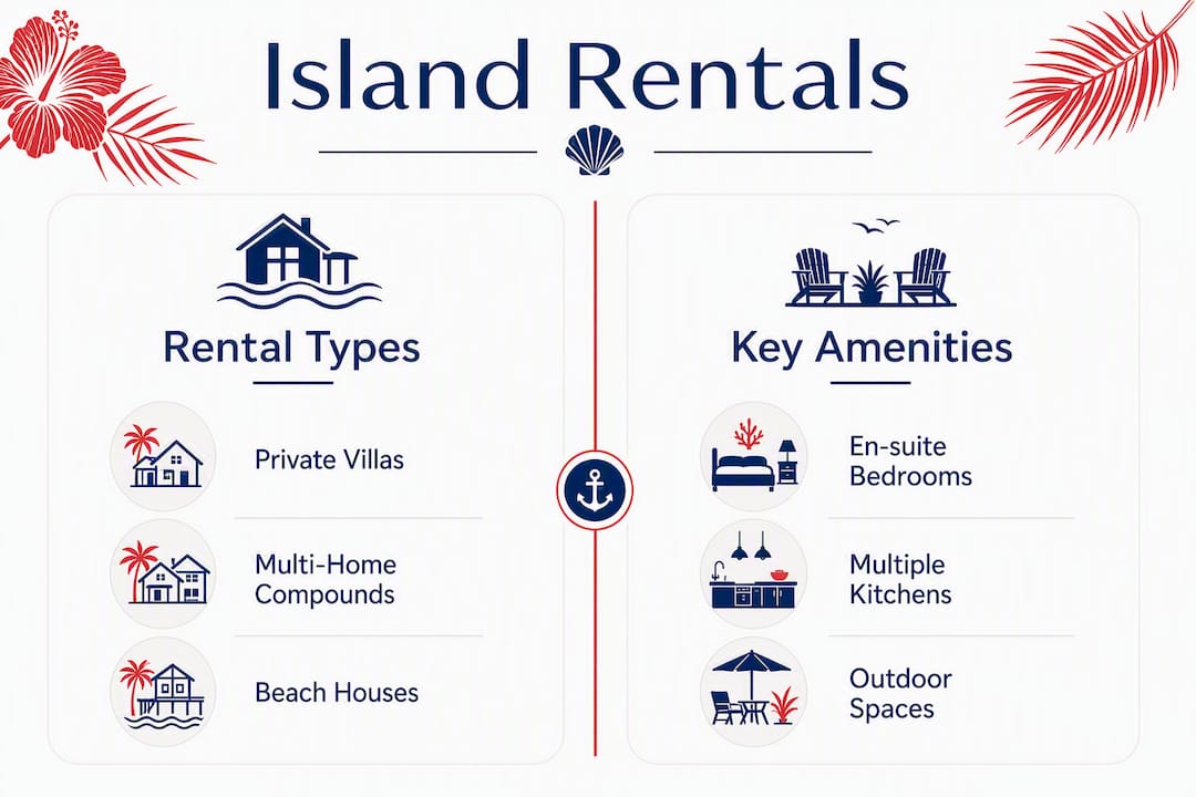 Infographic comparing island rental types and amenities
