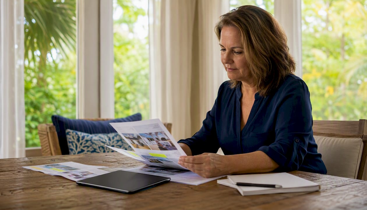 Woman reviewing vacation rental documents at home