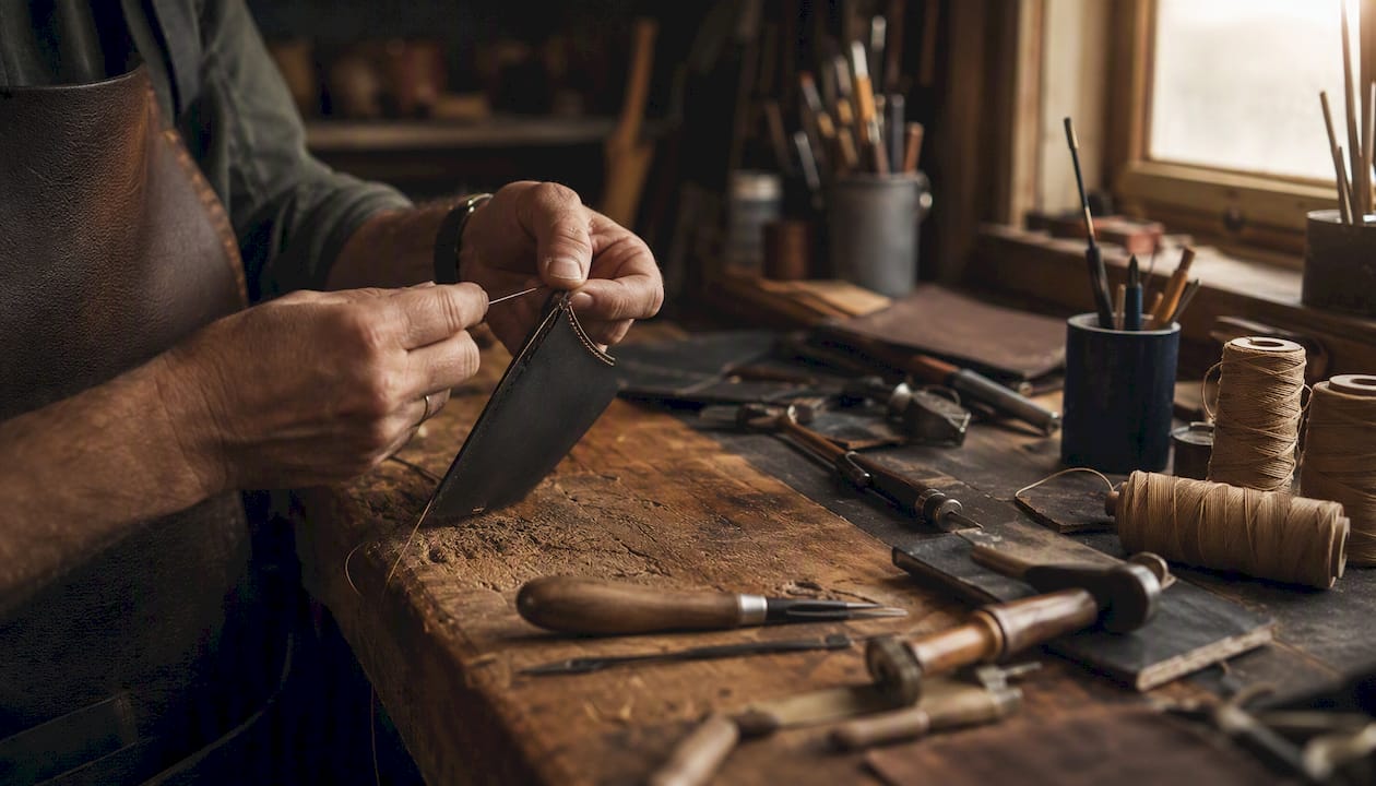 Hands crafting leather goods in artisan workshop