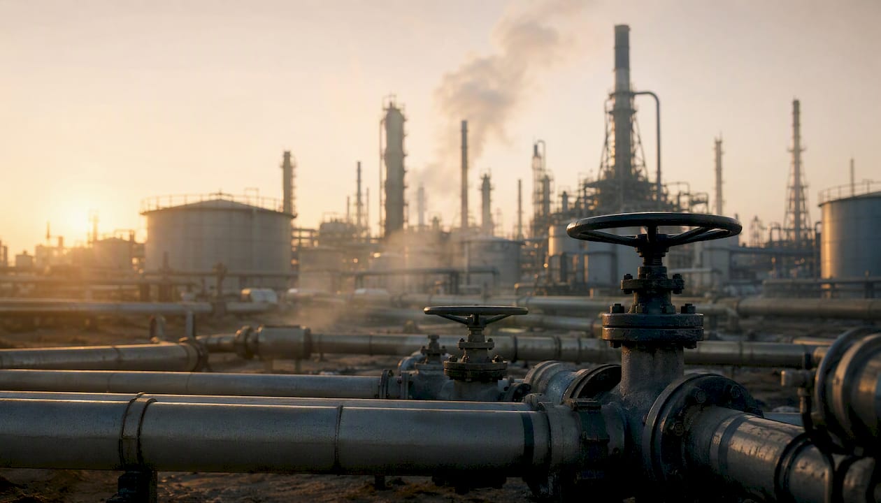 Oil refinery complex in warm light