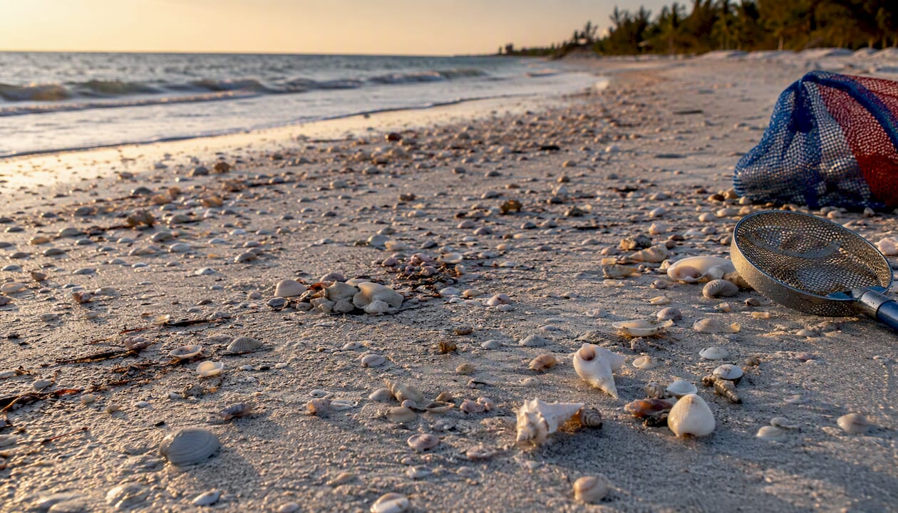 Sanibel Island beach shoreline scattered seashells