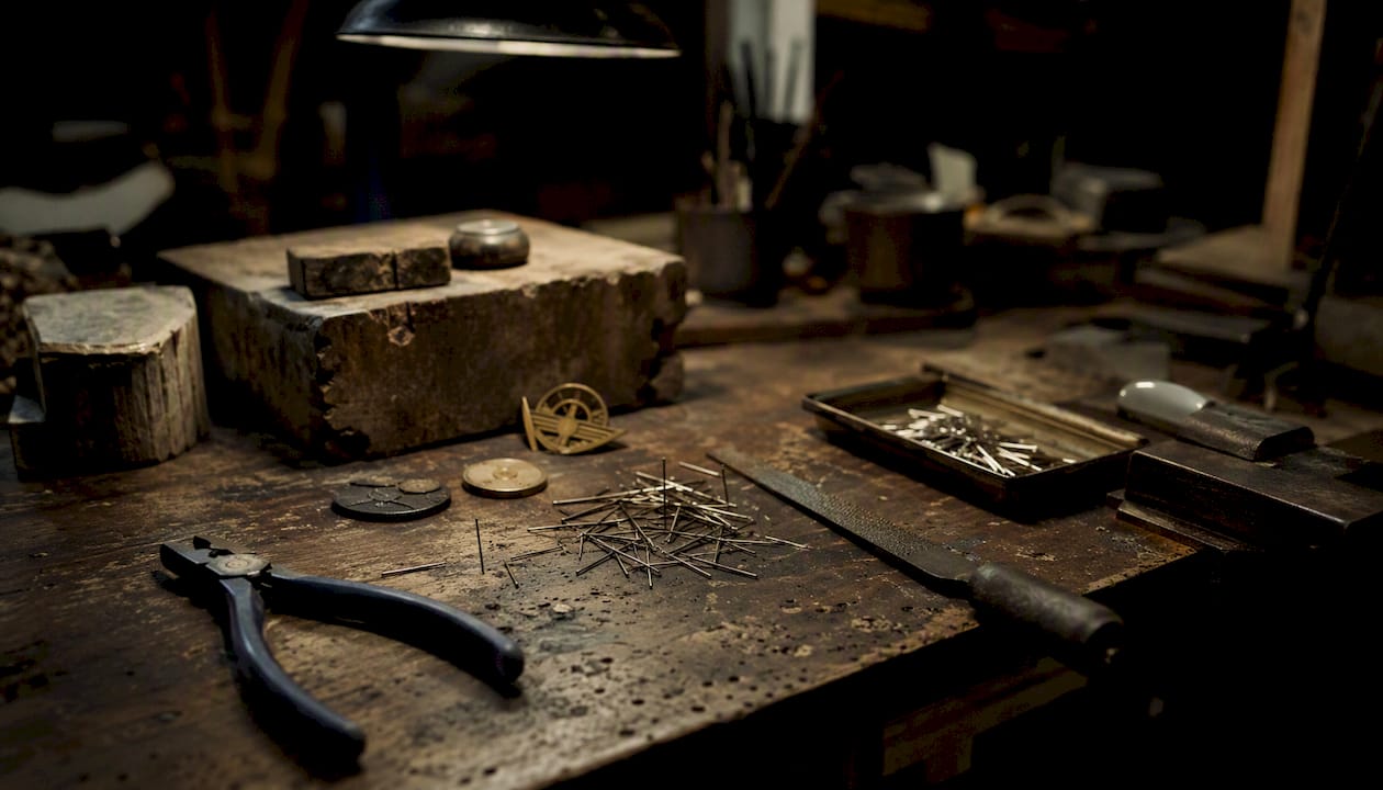 Workshop bench with pin-making tools