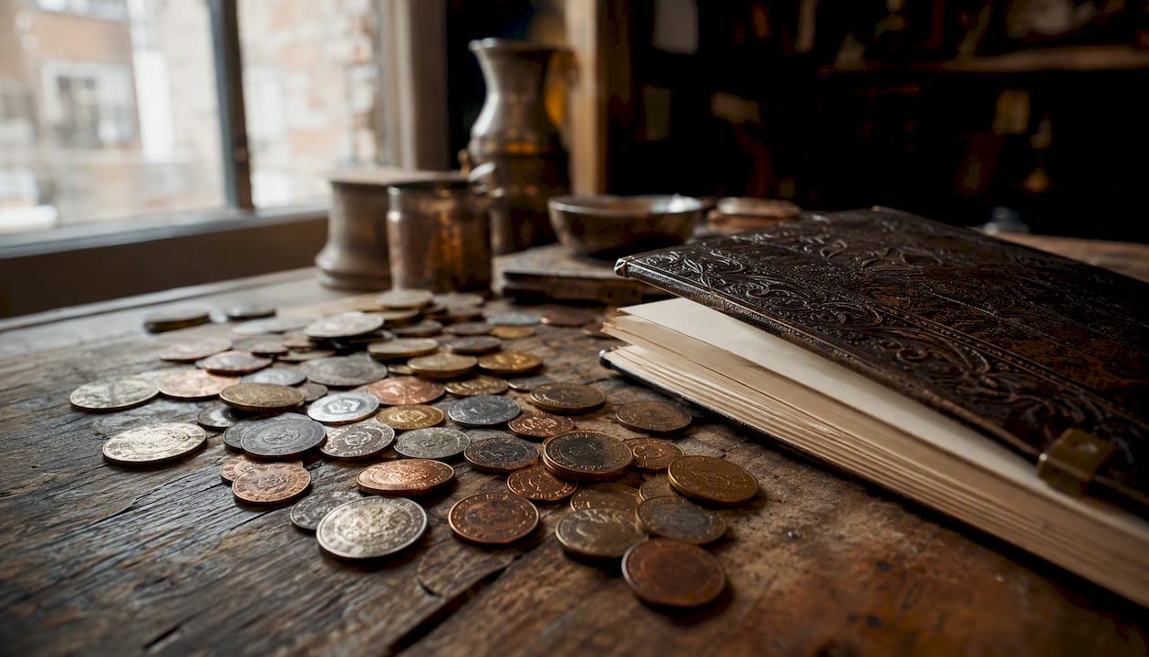 Coins and ledger on old merchant desk