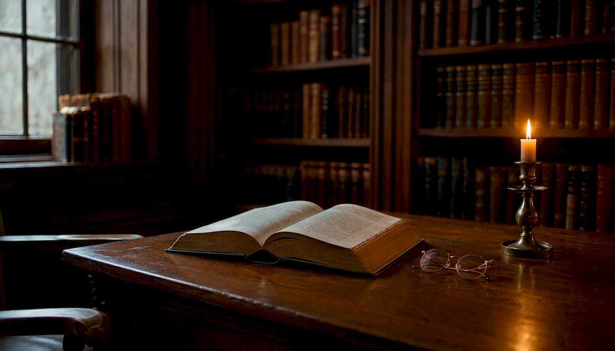 Open philosophy book by candlelight