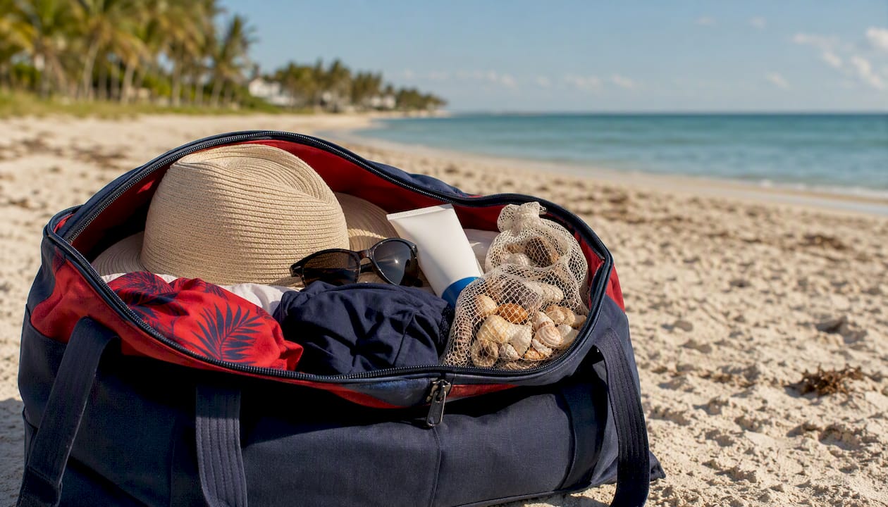 Soft duffel bag with beach gear on dock