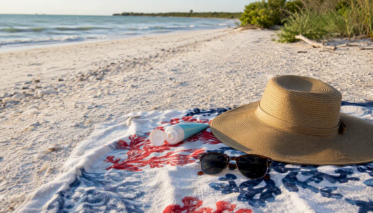 Reef-safe sunscreen, hat, sunglasses on beach towel