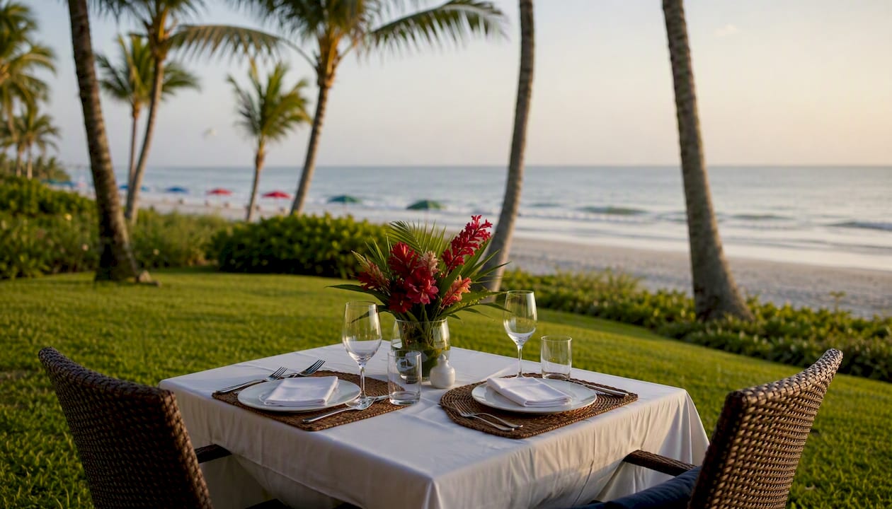 Private beachfront dining table on sand at sunset