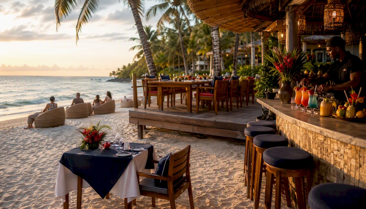 Varied beachfront dining setups on sandy beach