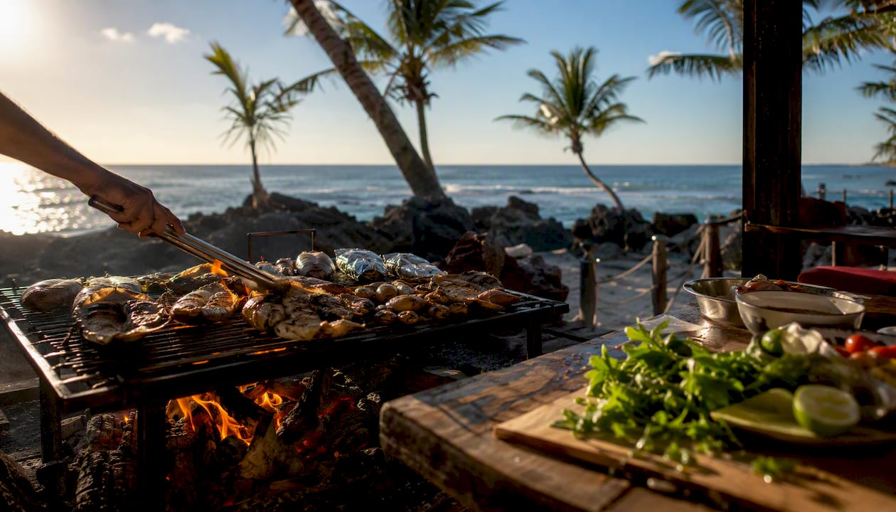 Open-fire cooking fresh seafood at Florida Keys beach