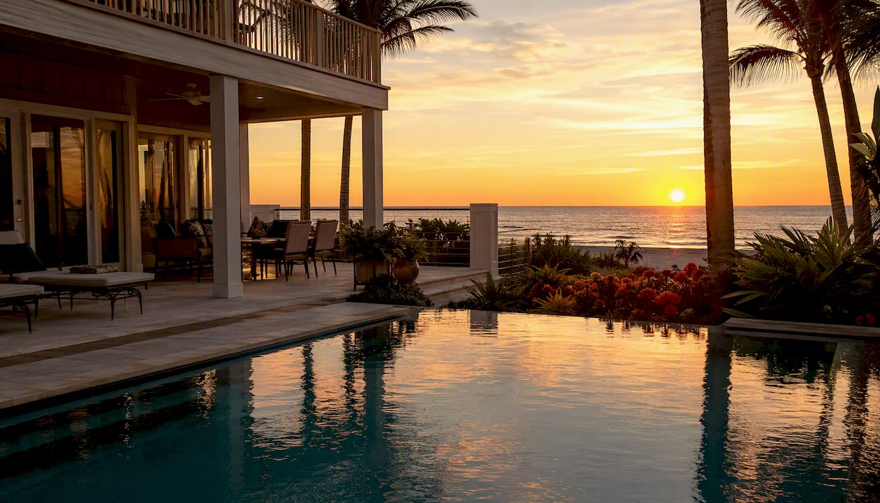 Luxury beach rental overlooking private pool and ocean
