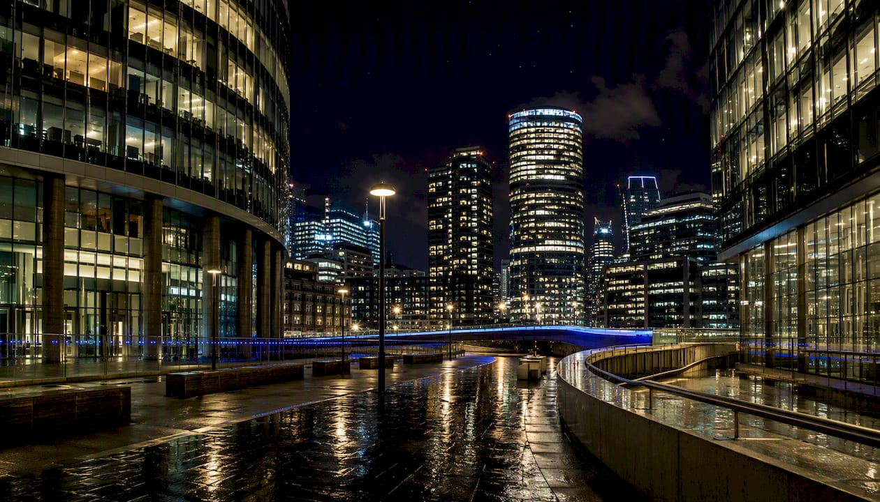 Financial district lit up at night